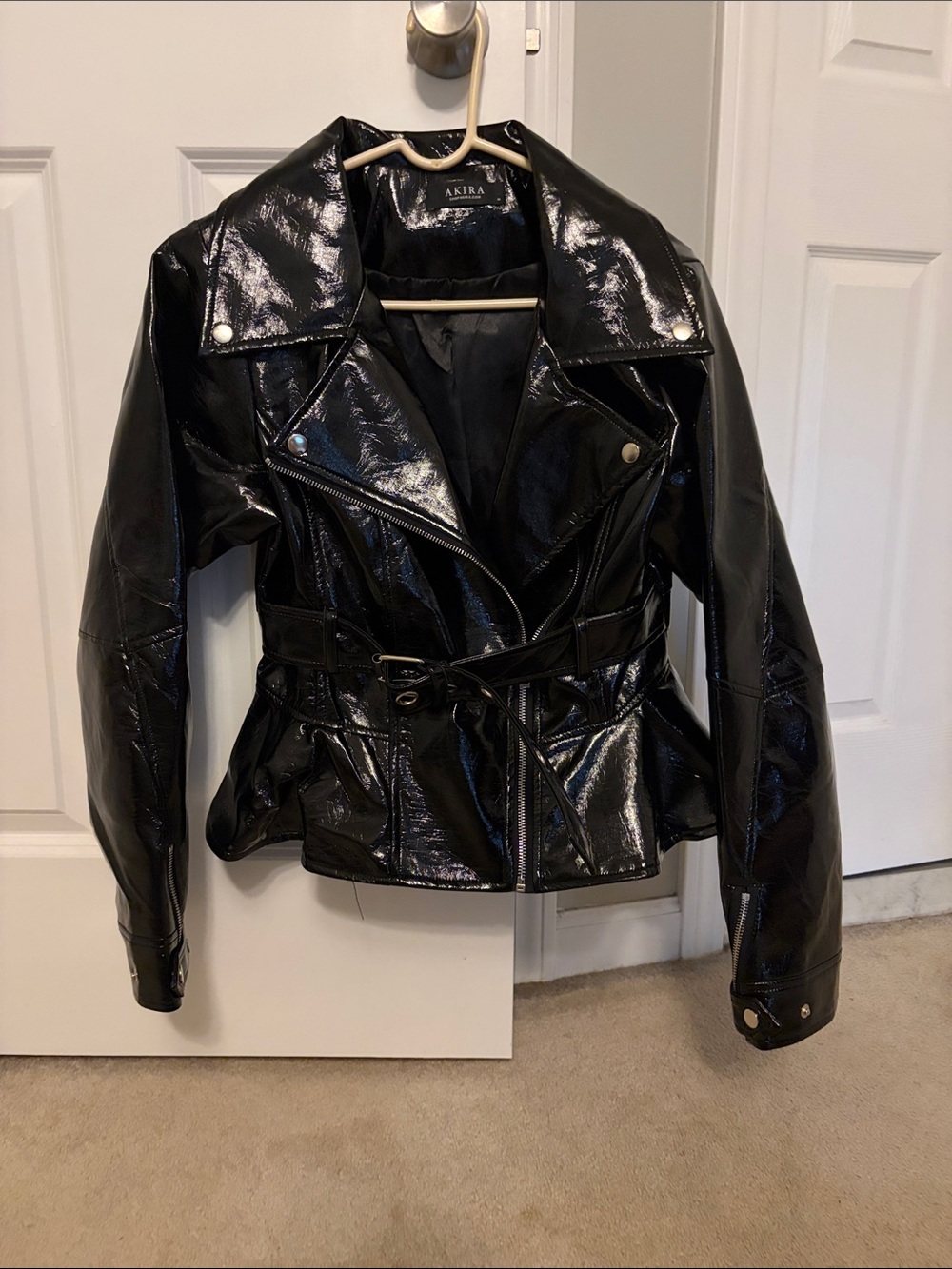 AKIRA Shiny Black Faux Patent Leather Moto Jacket with Belt